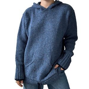 NWT Aran Sweater Market Kangaroo Hoodie 100% Wool Navy Fisherman Irish Sweater L